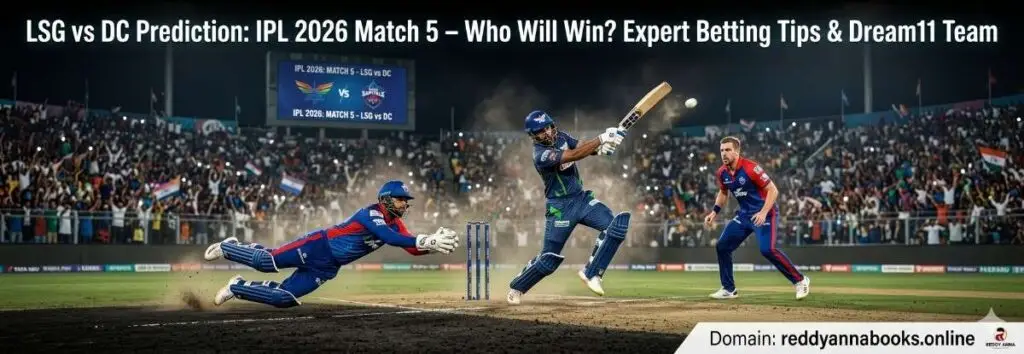 A banner image for LSG vs DC Prediction in IPL 2026, showing an intense cricket match between Lucknow Super Giants and Delhi Capitals at a packed stadium under lights, featuring key actions and a large screen displaying the match details by reddyannabooks.online to Get your reddy anna IPL ID