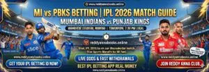 MI vs PBKS IPL 2026 match guide. Get expert betting tips, Wankhede pitch report, and instant Reddy Anna ID. Join Reddy Anna Club banner by Reddyannabooks.online