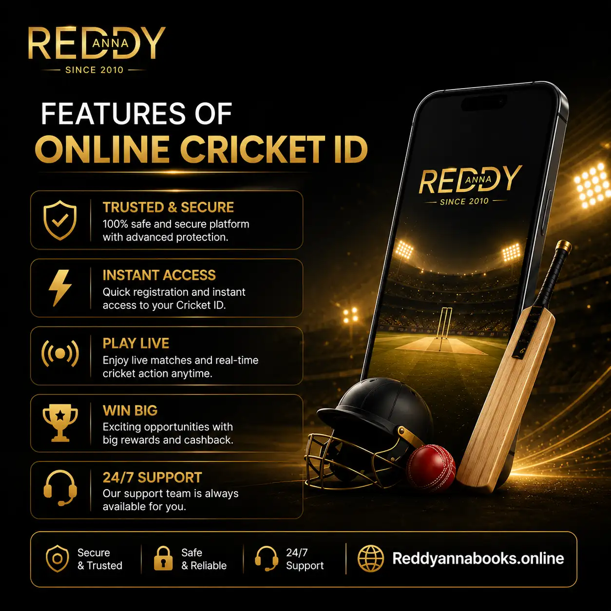 Features of Online Cricket ID Banner by Reddyannabooks.online