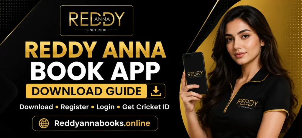 Reddy Anna Book App Download Guide banner featuring Reddy Anna logo, mobile app interface, professional female model, and Reddyannabooks.online branding on a black and gold background.